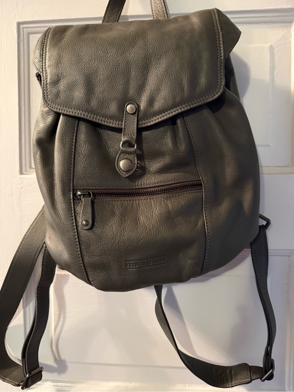 The Sak Gray Leather Backpack with Front Zip Pocket